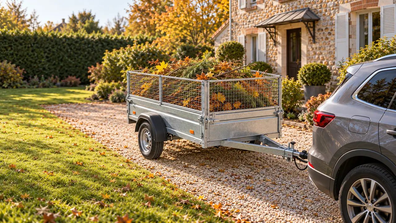 Remorque à ridelles avec rehausses grillagées chargée de branchages dans un jardin